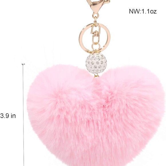 Women's Heart Faux Fur Pom Pom Key Chains Bag Accessory Puffball Keyring Backpac - Picture 2 of 4